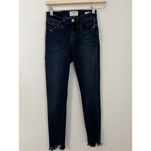 Frame Le Skinny De Jeanne Jeans Dark Blue Raw Chewed Hem Stretch Size 25
